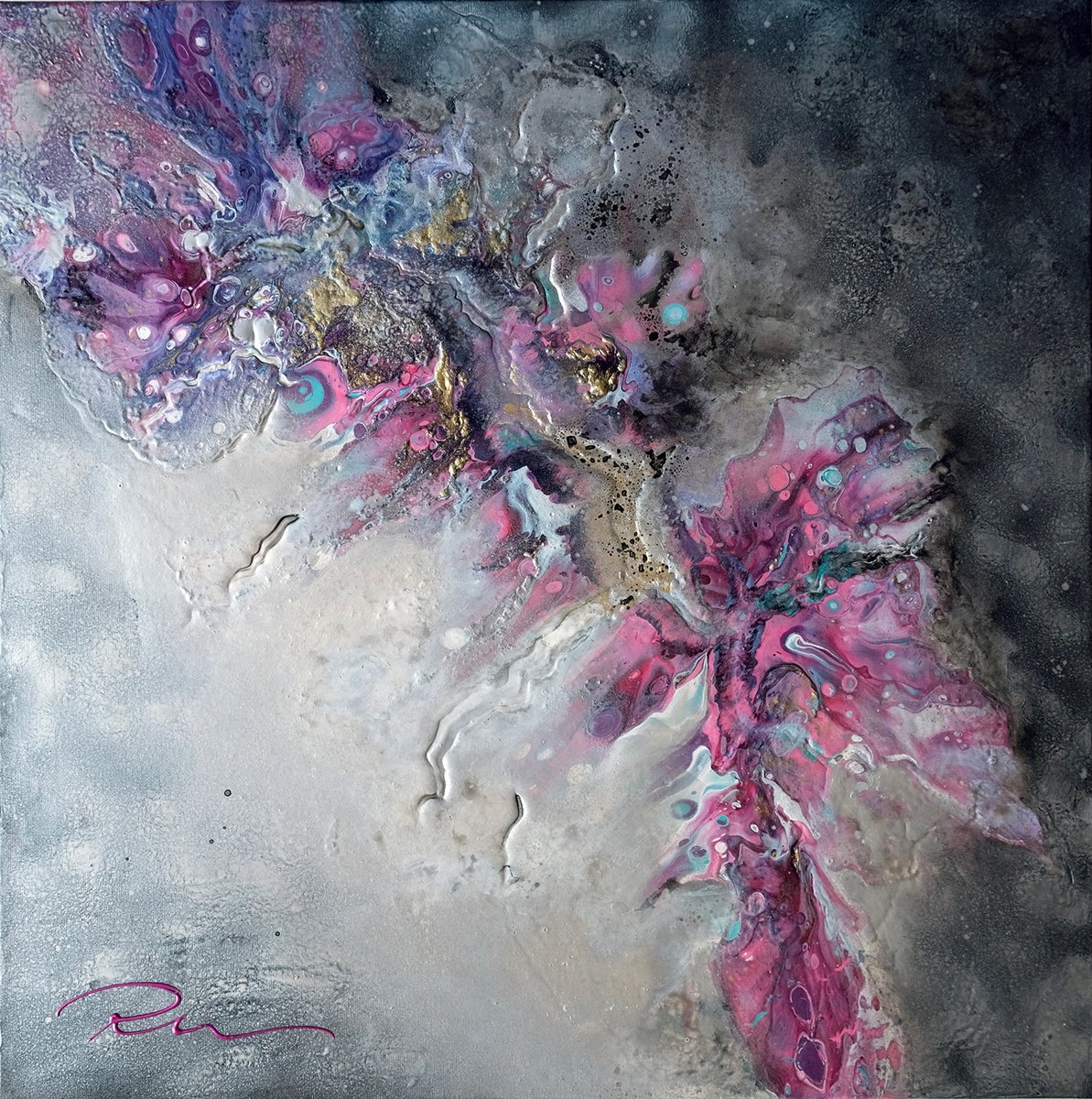 Abstract Botanical Acrylic Painting By Indie Ru, 28 X 28, The Silver Mist, Original Artwork