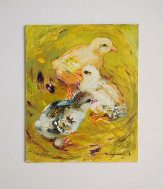 Chickens. Visiting grandmother in the village. Study from nature. Original oil painting