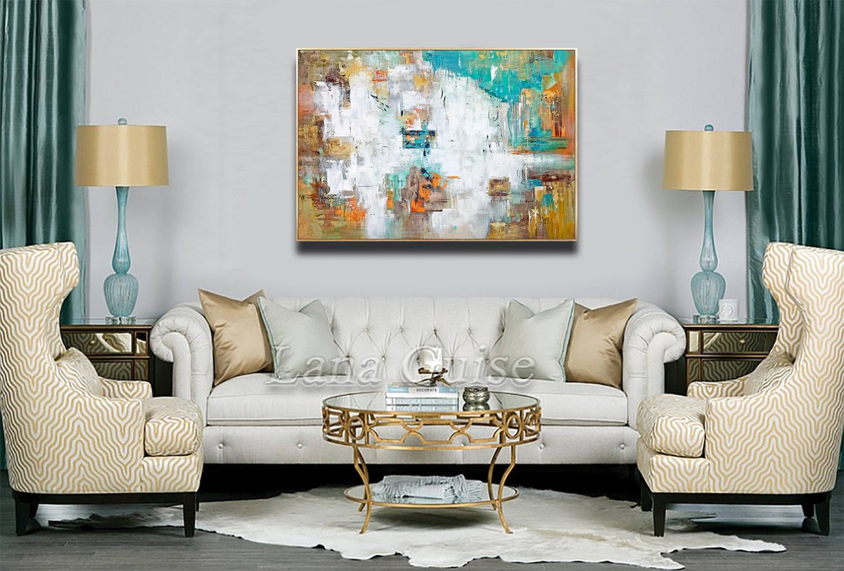 Surrounded in Gold - Original Abstract Teal Blue Gray White Large Painting, Living Room A... by Lana Guise