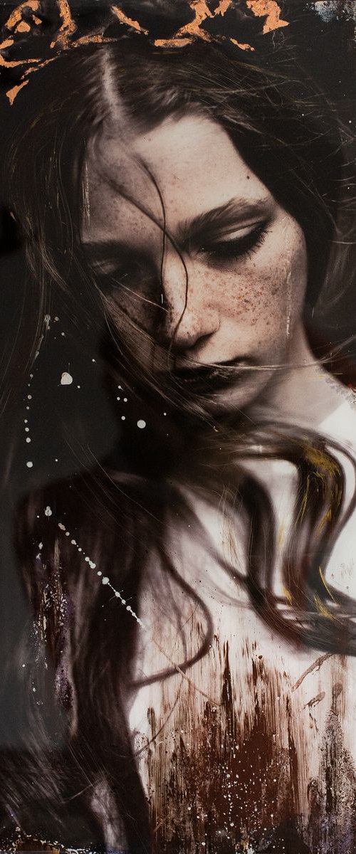 "Dreamworld" (60x40x3cm) - Unique portrait artwork on wood (abstract, portrait, copper, original, epoxy, painting) by Rouzbeh Tahmassian
