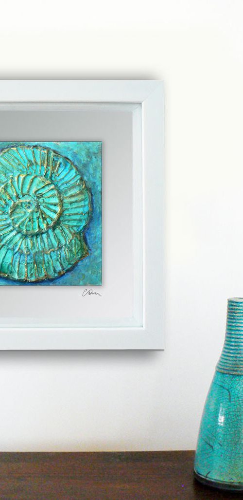 Fossil #2 (ammonite textured painting with gold highlights ) Framed ready to hang original by Carolynne Coulson