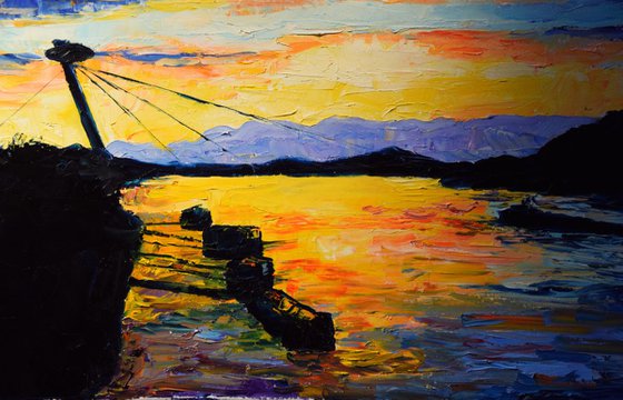 Large original oil painting Sunset in Bratislava