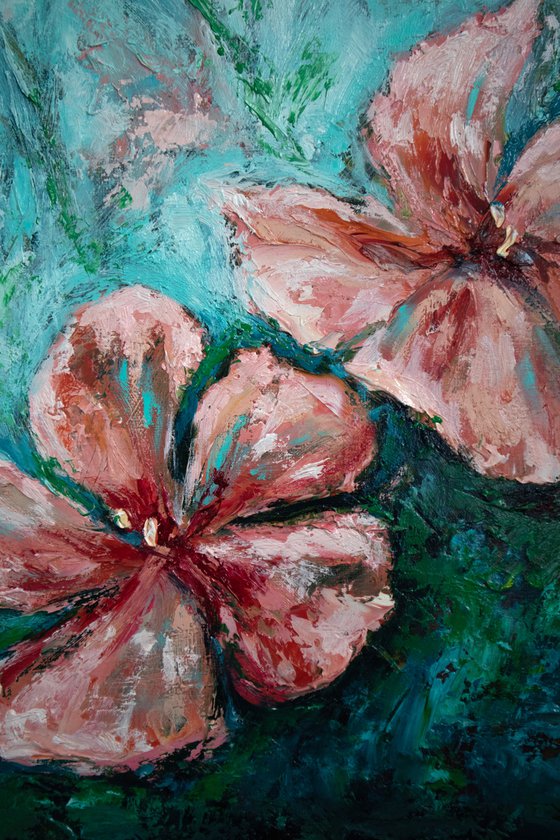 Coral oleanders | 50*60 cm | impasto volumetric oil painting of flowers