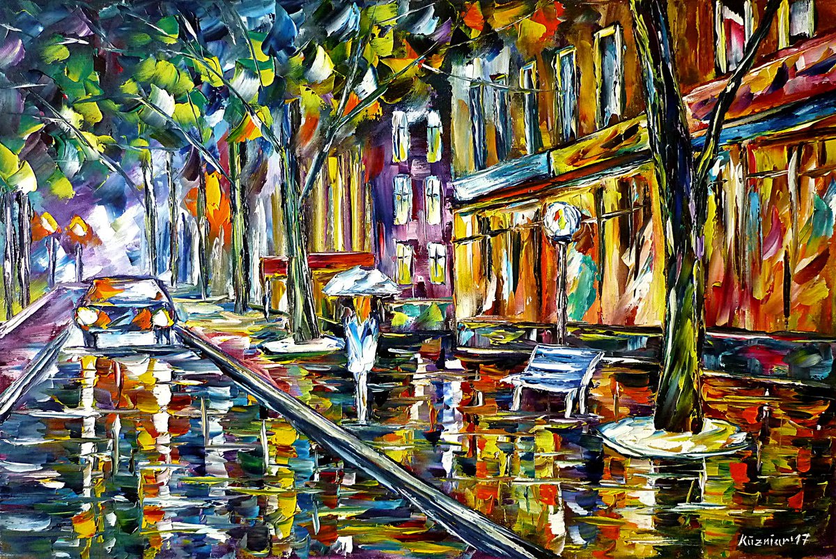 Expressive Cityscapes Oil Painting By Mirek Kuzniar, 24 X 16", Night Rain, Original Artwork