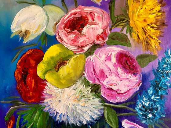 BOUQUET OF SUMMER FLOWERS    palette knife modern Still life Dutch style office home decor gift