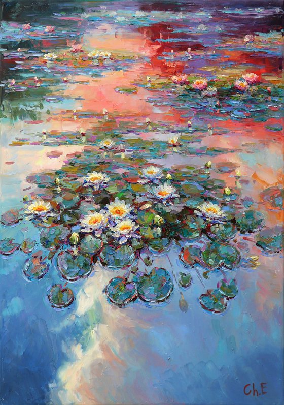 "Evening river with lilies"