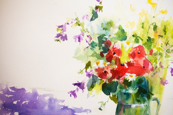 Wild flowers bouquet with poppies and malva. Sunny bright medium size summer painting