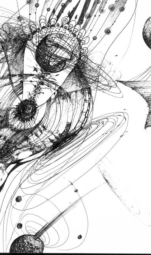 COSMIC VIBRATING LINES ETERNITY STILL LIFE ONIRIC BIZZARE ART SIGNED BY MASTER KLOSKA AFORDABLE ORIGINAL INK ON PAPER by Kloska Ovidiu