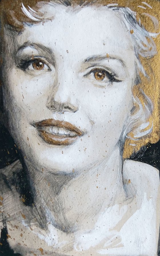 Golden Marilyn Monroe#3  with golden eyes and lips / Realistic Pencil Portrait / Goddes /Qween /Realistic Pencil Mixed media Modern Drawing/ Gold Black White/ Gift idea