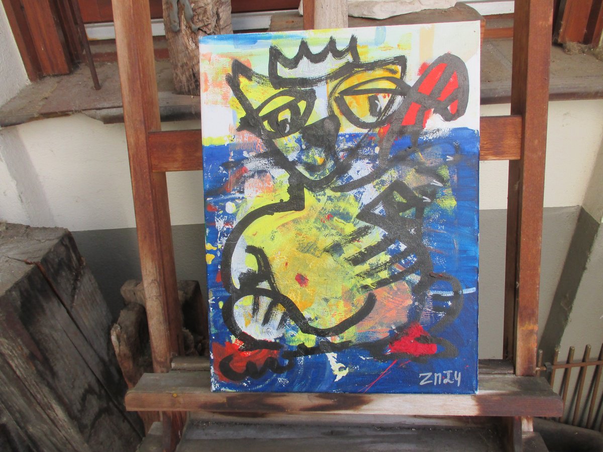 Expressive Animal Acrylic Painting By Sonja Zeltner-Muller, 12 X 16", Expressive Blue Cat 11,8 X 15,7 Inch, Original Artwork