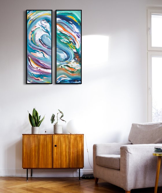 Water dragon, Diptych n° 2 Paintings, Original abstract, oil on canvas