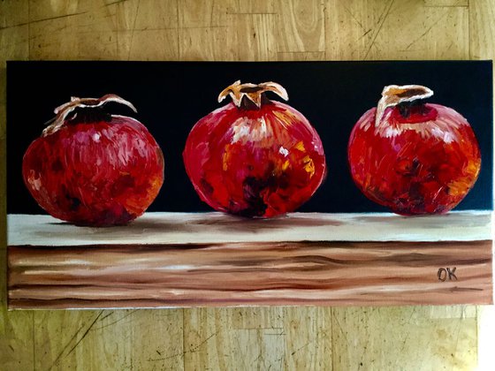 Still life with three Pomegranates fruits still life original oil painting on canvas wall decor