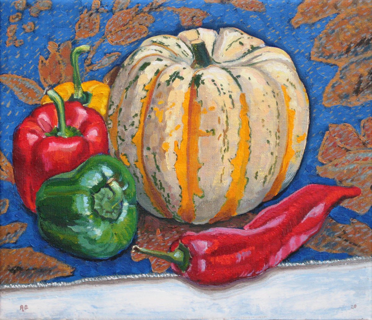Still Life Oil Painting By Richard Gibson, 14 X 12", Squash With Peppers, Original Artwork