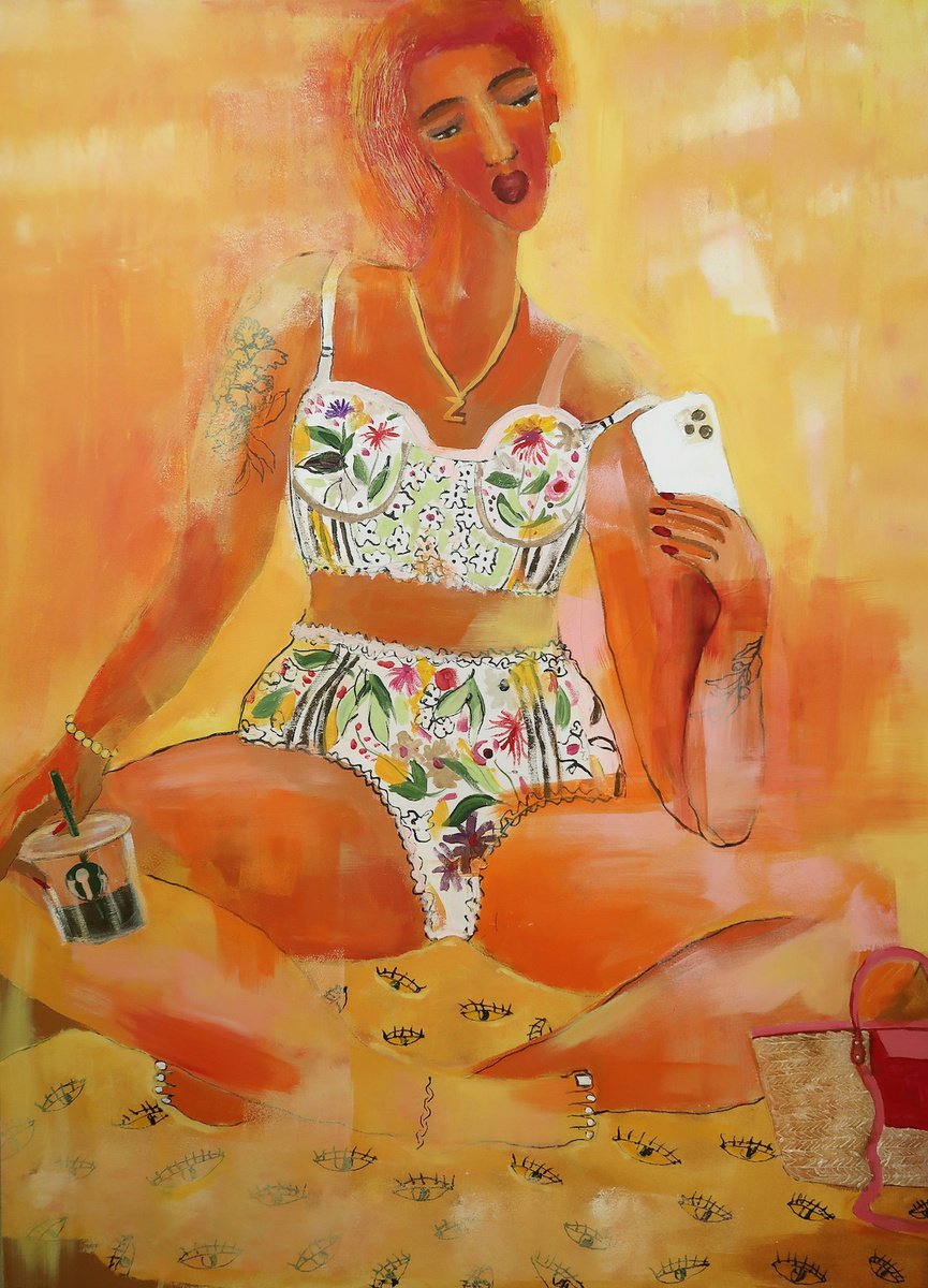 Illustrative Portrait Acrylic Painting By Ksenia Kozhakhanova, 27 X 39", "Last Day On Vacation", Original Artwork