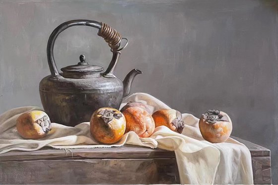 Still life:teapot  and persimmons