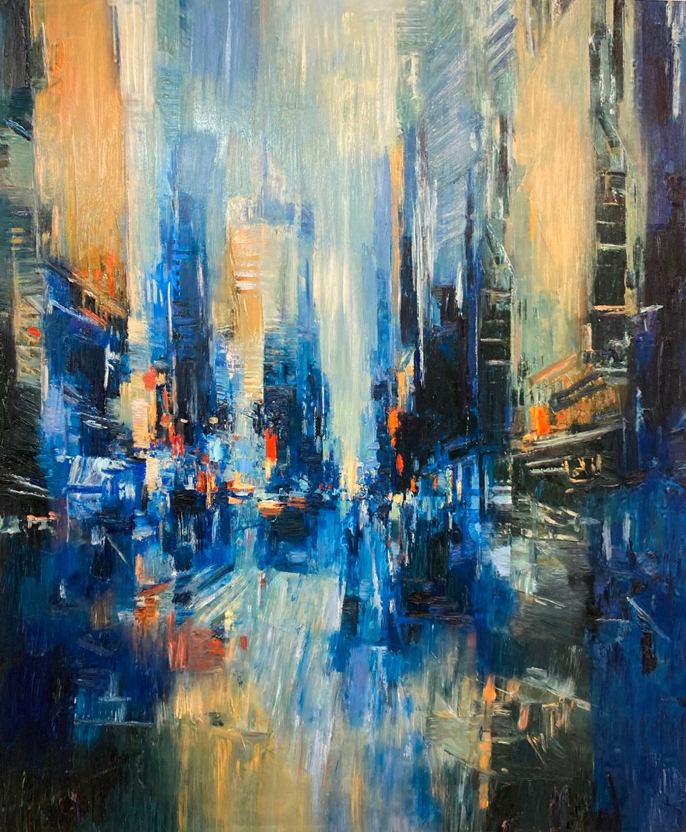 Impressionistic Cityscapes Oil Painting By Kenneth Halvorsen, 40 X 48", Urban Momentum, Original Artwork