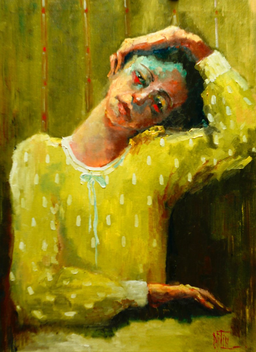 Impressionistic Portrait Oil Painting By Pavel Filin, 22 X 30", Yellow Dress, Original Artwork