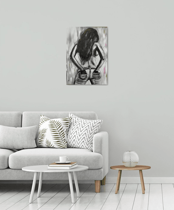 Look for me, original erotic nude girl painting, gift, art for sale, bedroom painting