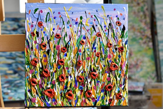 Poppy Meadow II - Original Wildflower Abstract Painting, Impasto Art