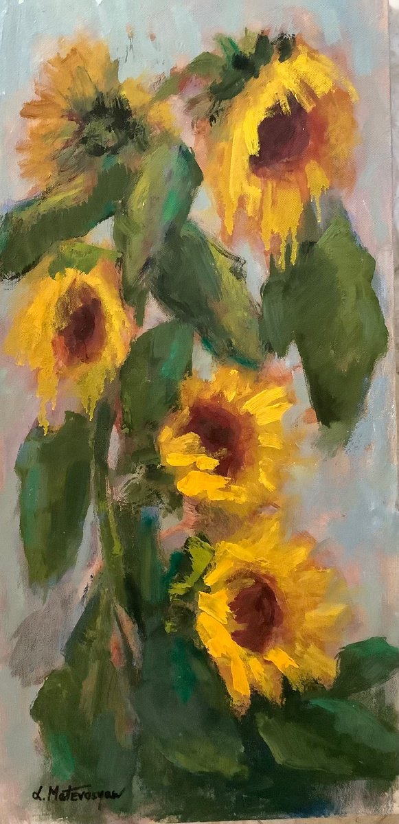 Impressionistic Botanical Oil Painting By Lia Matevosyan Haselton, 12 X 24", Sunflowers, Original Artwork
