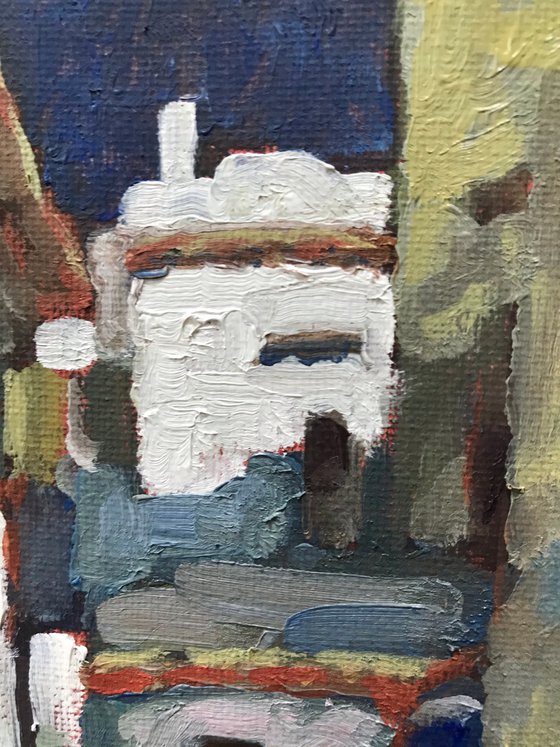 Original Oil Painting Wall Art Signed unframed Hand Made Jixiang Dong Canvas 25cm × 20cm Cityscape Street in Skiathos Greece Small Impressionism Impasto