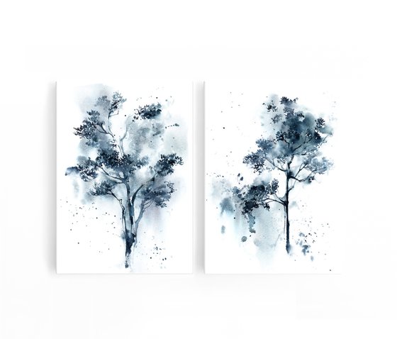 Pine trees in blue diptych Original watercolor painting