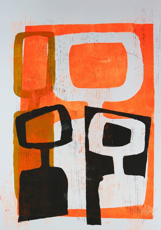 Abstract Family Portrait  - Art on paper - Neon Orange & Black - (A2-42cmx59,4cm) 06J