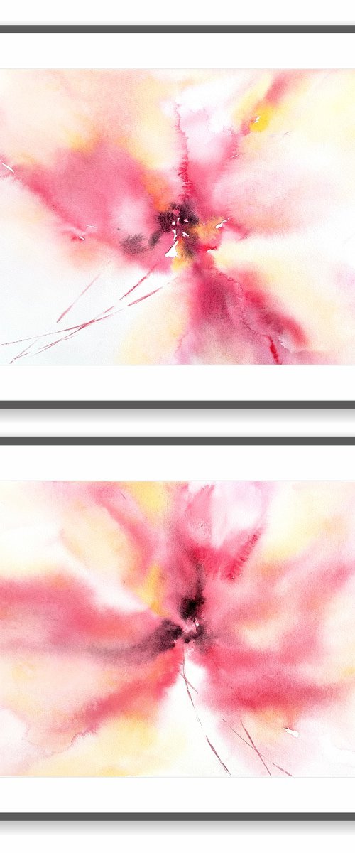 Pink abstract flowers diptych by Olga Grigo