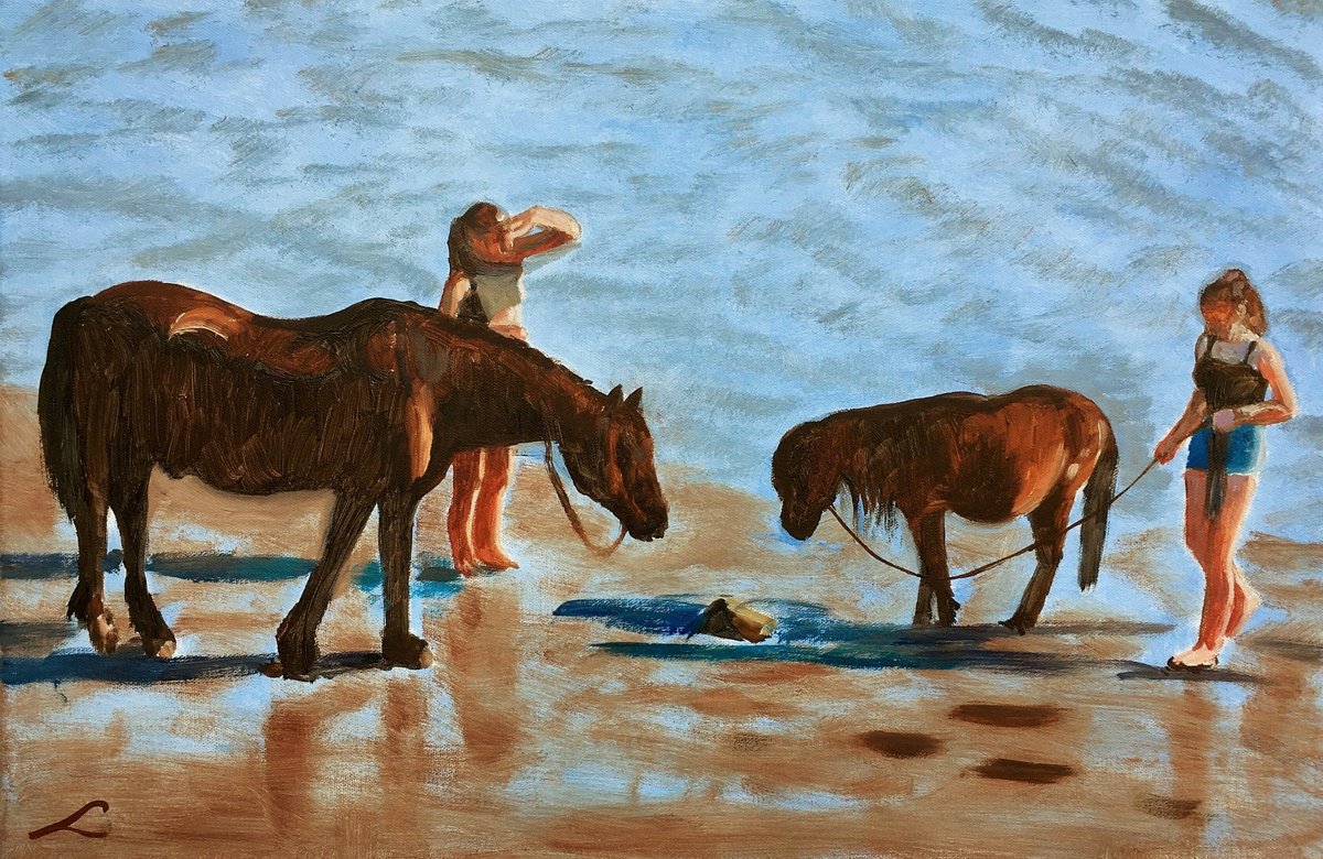 Impressionistic Animal Oil Painting By Elena Sokolova, 24 X 16, Beach Scene 4, Original Artwork