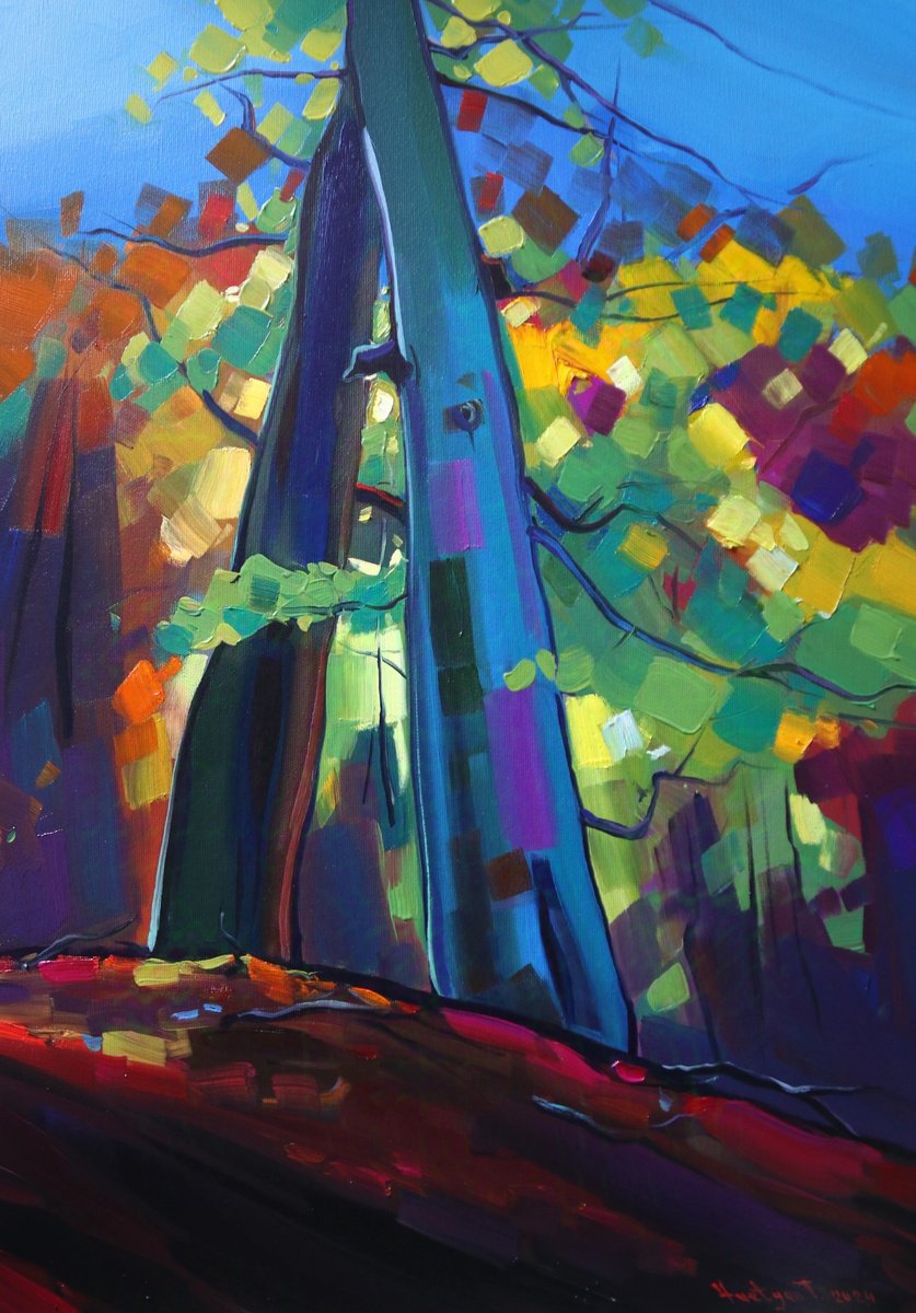 Impressionistic Landscape Oil Painting By Tigran Avetyan, 20 X 28", Autumn Trees, Original Artwork