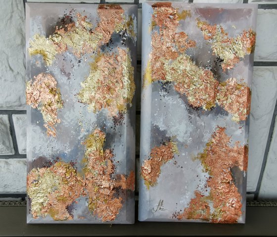 Diptych abstract paintings on canvas with rounded corners and textured surface