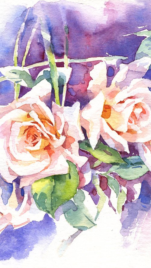 "Purple garden twilight. Orange roses and intertwining branches"  original watercolor by Ksenia Selianko