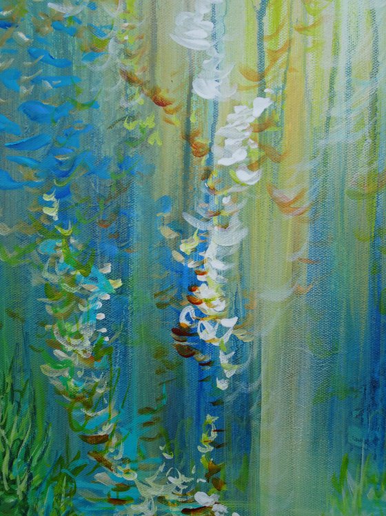 Abstract Tropical Flowers. Floral Garden. Magic Garden. Abstract Blue Floral Original Painting on Canvas 46x61cm Modern Art
