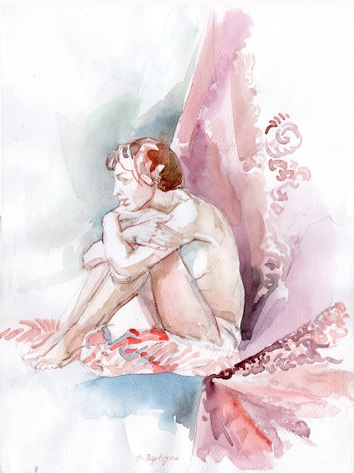 Woman's nude sitting in an introspective pose by Darya Tsaptsyna