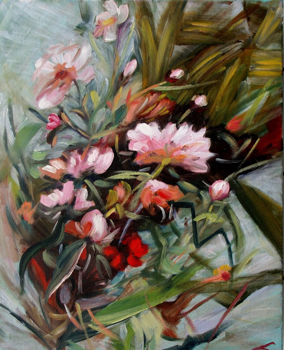 Impressionistic Botanical Oil Painting By Elena Sokolova, 16 X 20, Flowers, Original Artwork