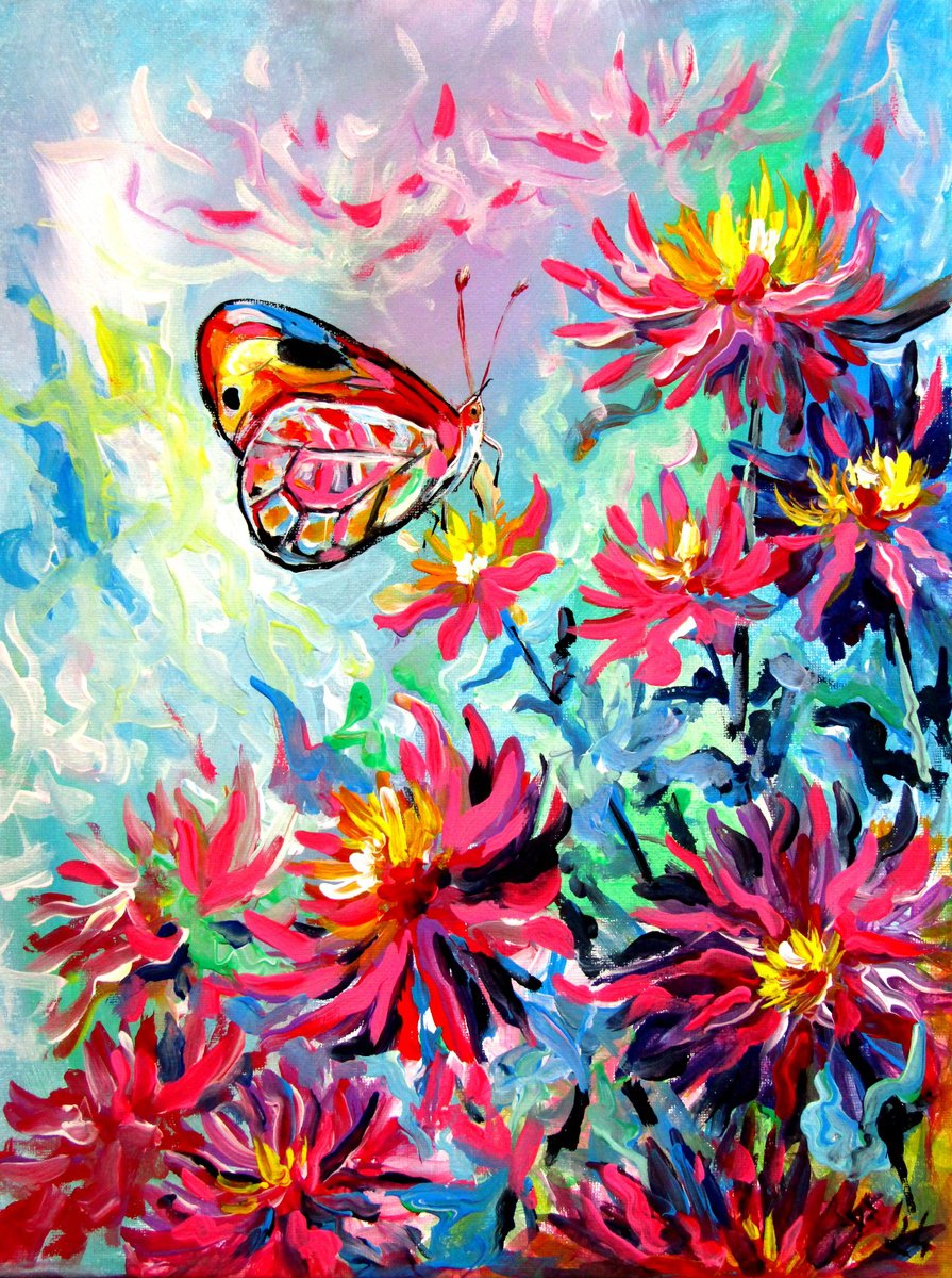 Dahlia Flowers With Butterfly By Kovacs Anna Brigitta, 12 X 16, Artwork For Sale On Artfinder
