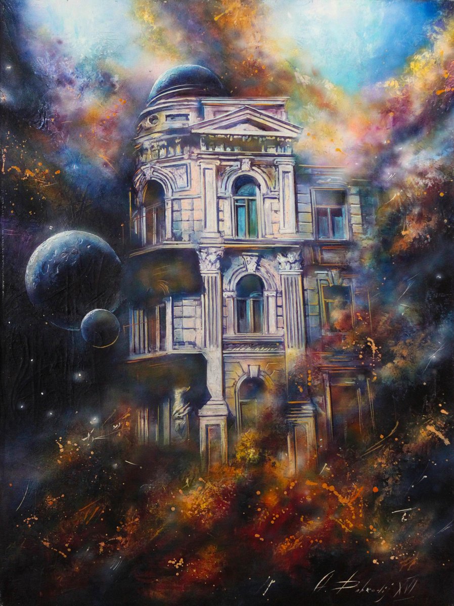 Surrealistic Cityscapes Oil Painting By Alexandr Dobrodiy, 24 X 31, Evening City, Original Artwork