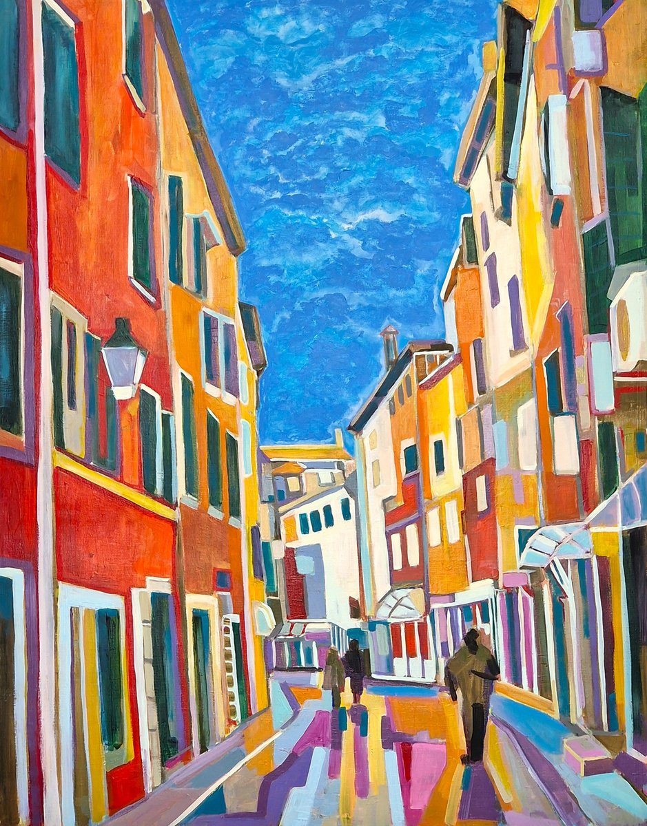 Expressive Cityscapes Acrylic Painting By Alexandra Djokic, 28 X 35, Mediterranean Street, Original Artwork