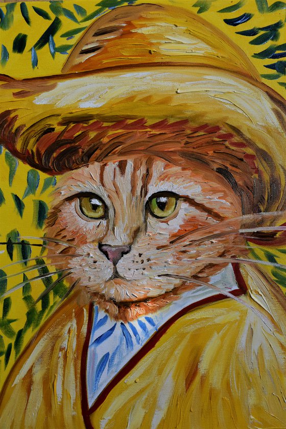 Handsome Cat Inspired by Van Gogh in a straw hat FELINE ART FOR CAT LOVERS