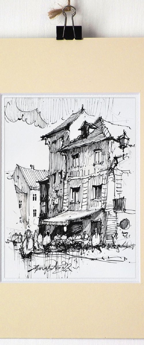 Cafe Stret Scene, ink drawing on paper, 2022 by Marin Victor