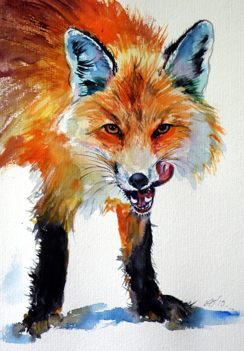Impressionistic Animal Watercolour By Kovacs Anna Brigitta, 10 X 14", Red Fox Hunter, Original Artwork