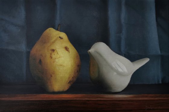 Bird with a pear