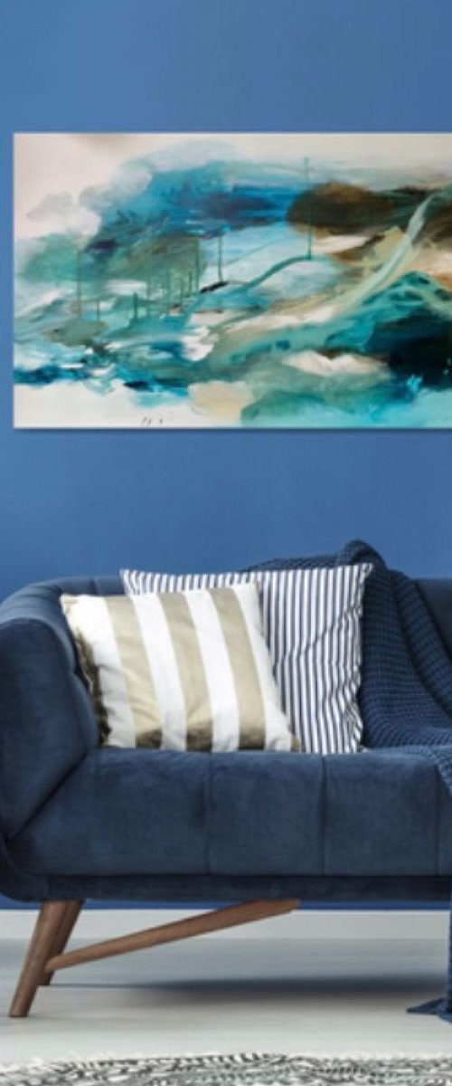 Landscape in Natural eartly Colours, white, Blue, turkoois by Tiny de Bruin