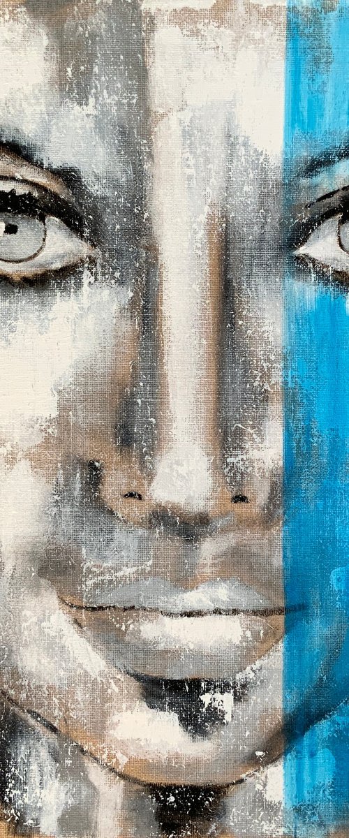 Portrait no. 6521 black and white with blue stripe by Anita Kaufmann