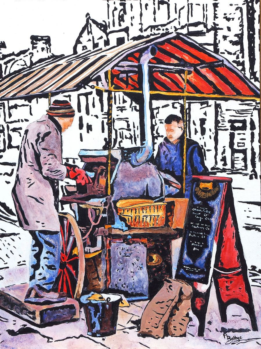 The Chestnut Seller - Framed - Ready To Hang - Acrylic Painting by Margaret Battye