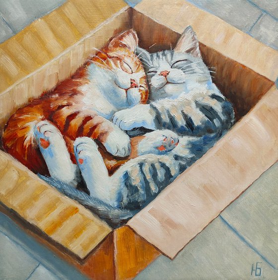 A Pair Of Cats In A Box Oil Painting