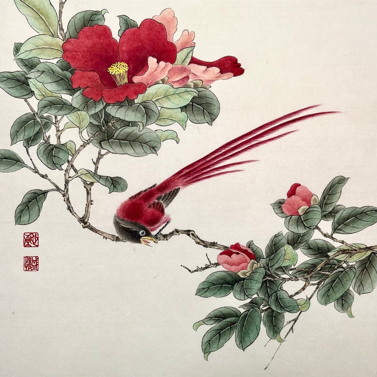 Illustrative Animal Watercolour By Fiona Sheng, 10 X 10, Camellia &Amp; Bird, Original Artwork
