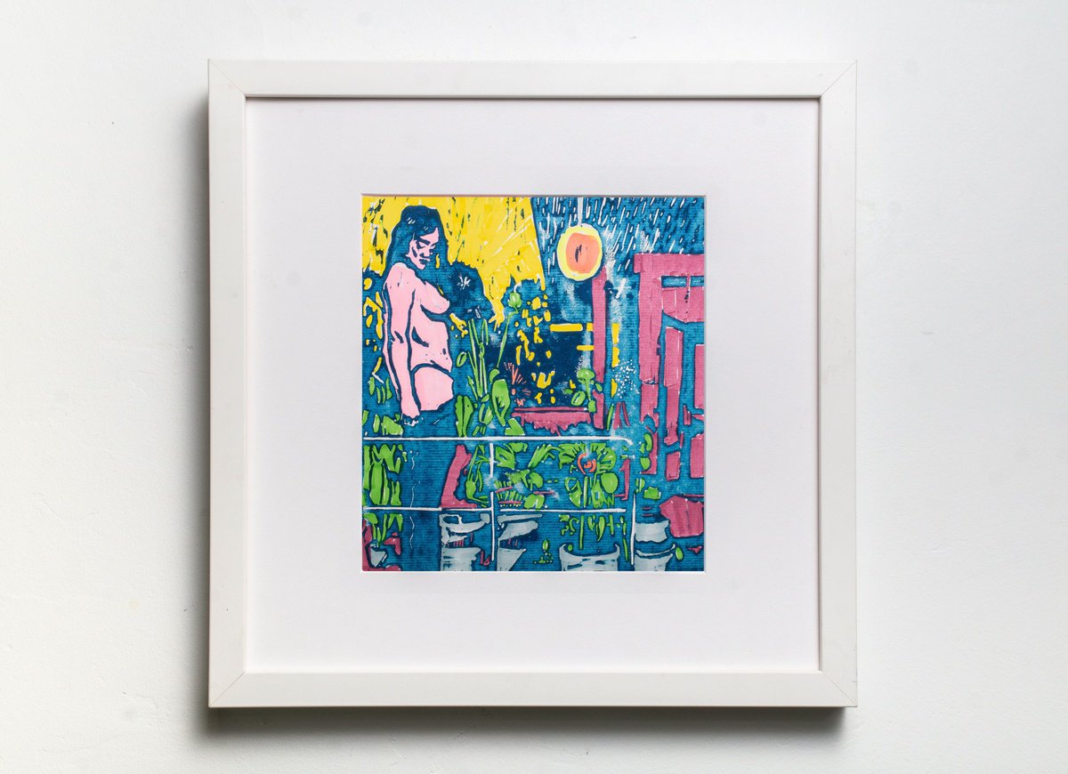 Graphic Portrait Oil Painting By Bohdan Katolyk, 12 X 12, Night Garden Ii, Original Artwork