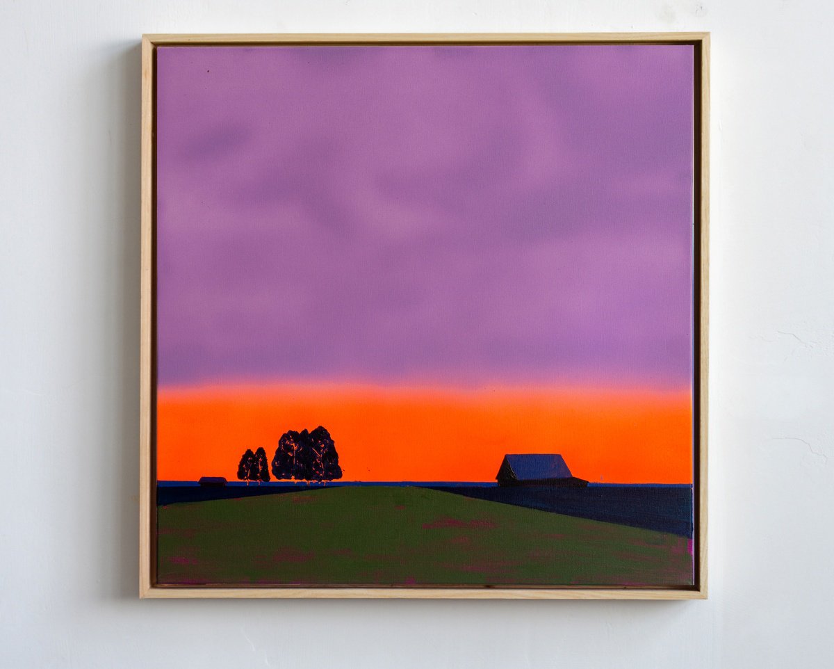 Impressionistic Landscape Acrylic Painting By Bohdan Katolyk, 24 X 24, Orange Sunset, Original Artwork