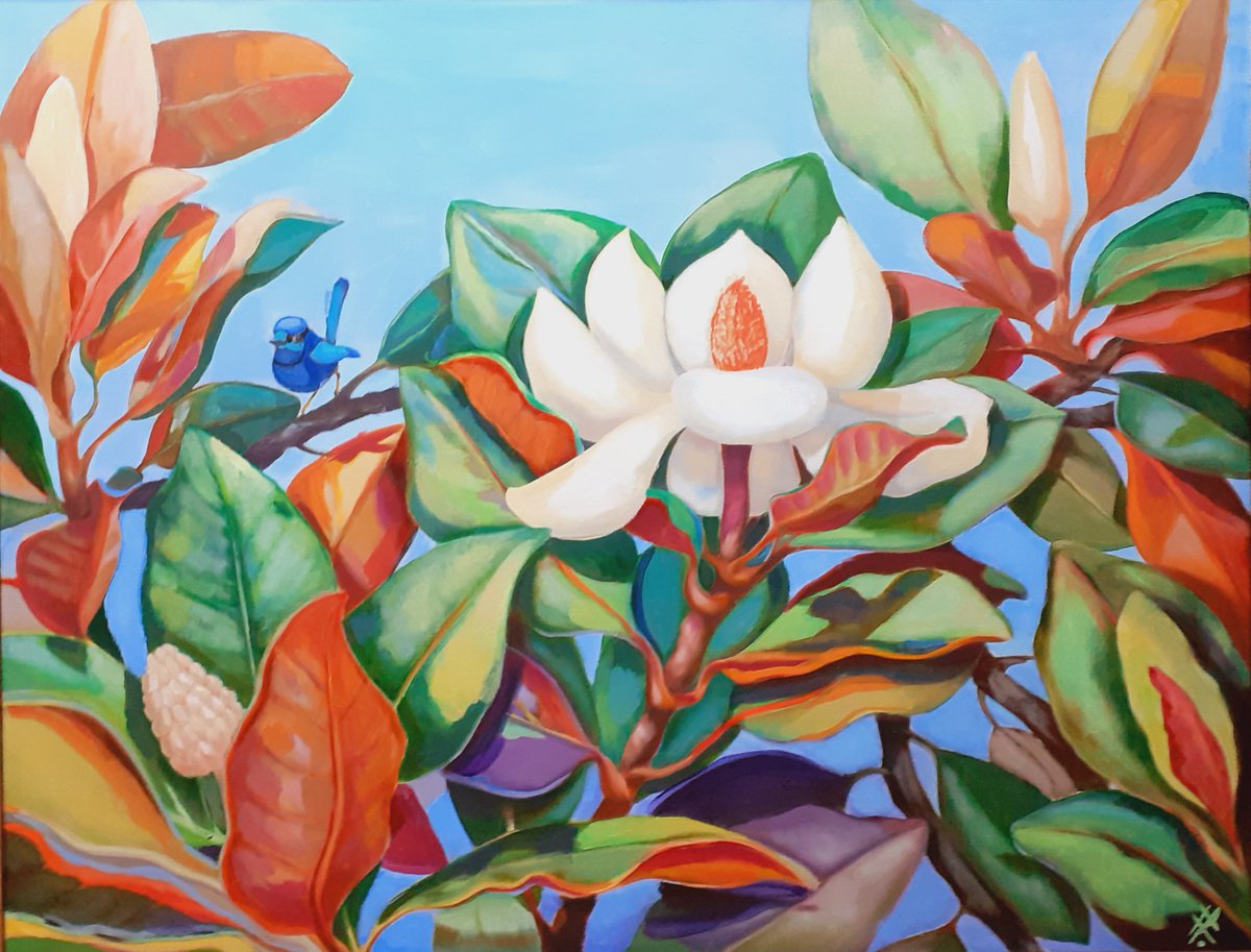 Big magnolia and small bird by Alla Khimich